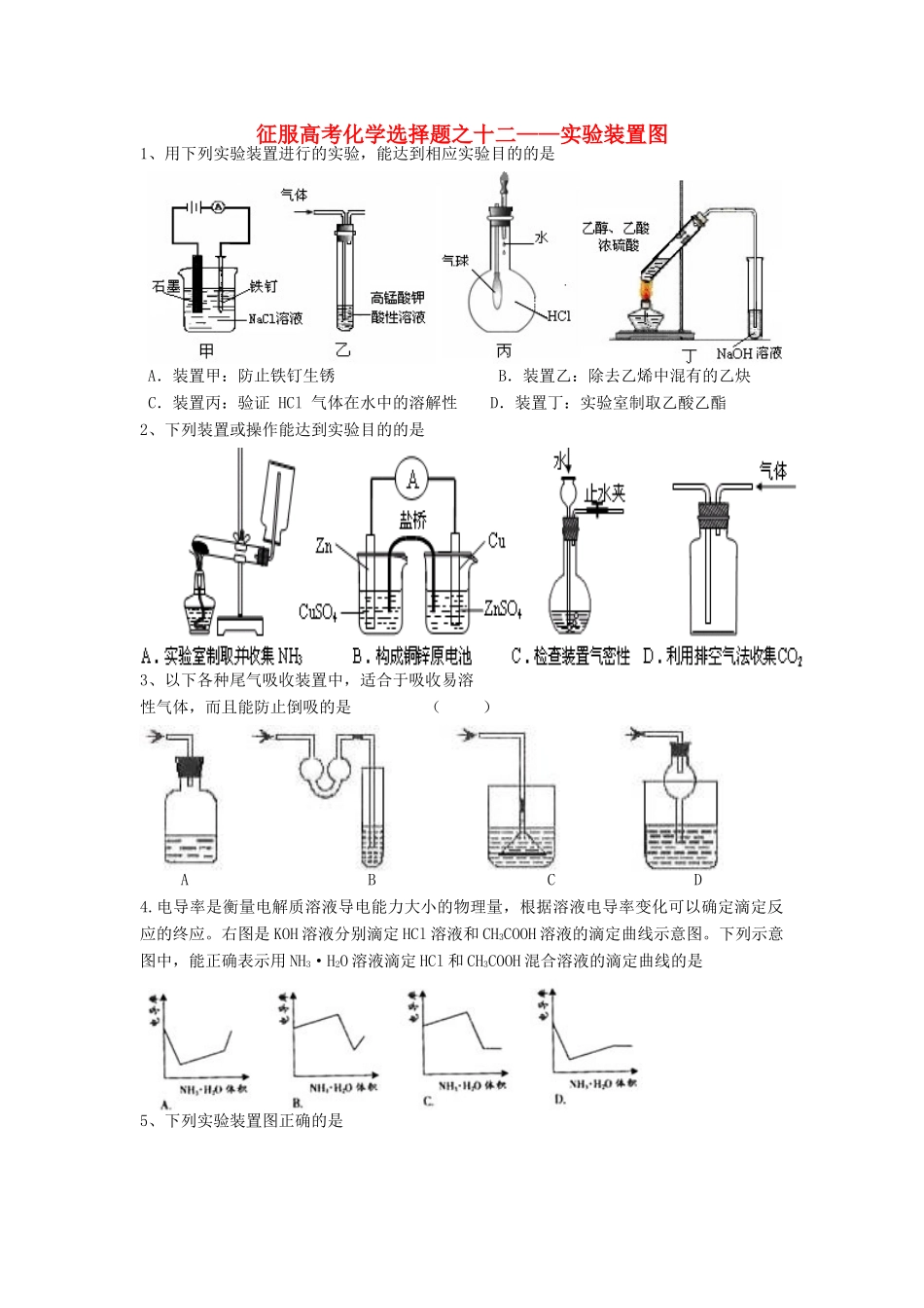 （精品）征服高三化学高考选择题之十二——实验装置图全国通用_第1页
