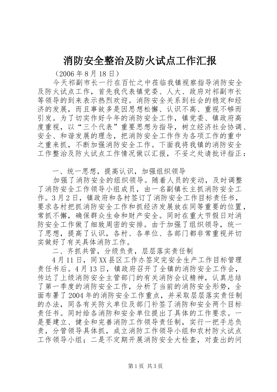 2024年消防安全整治及防火试点工作汇报_第1页