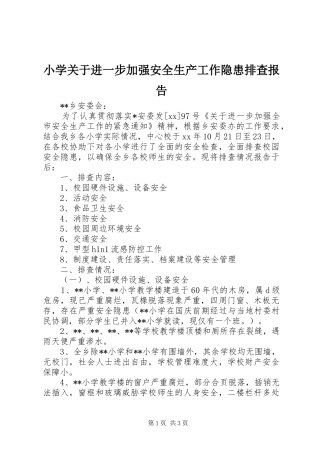 2024年小学关于进一步加强安全生产工作隐患排查报告