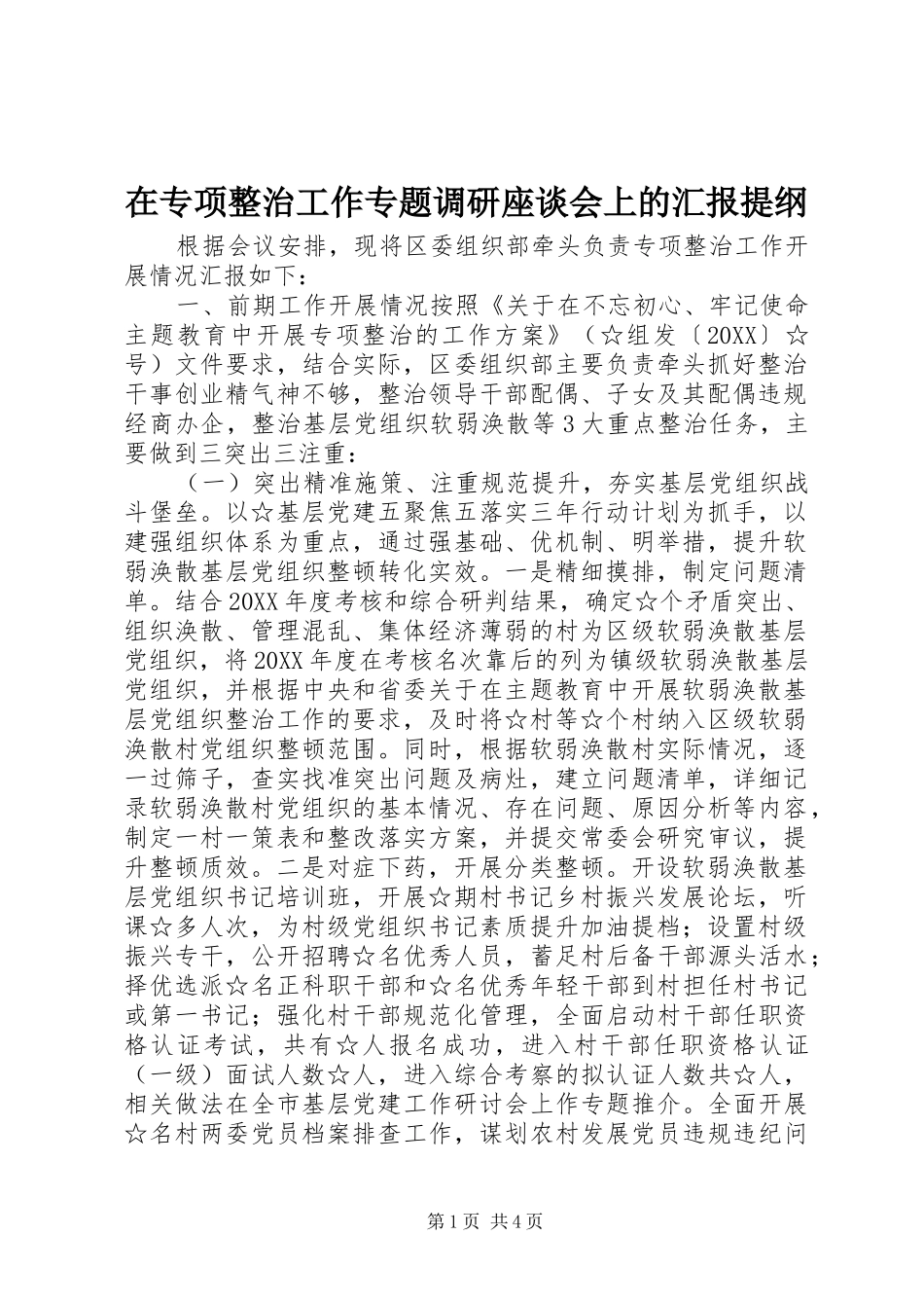 2024年在专项整治工作专题调研座谈会上的汇报提纲_第1页
