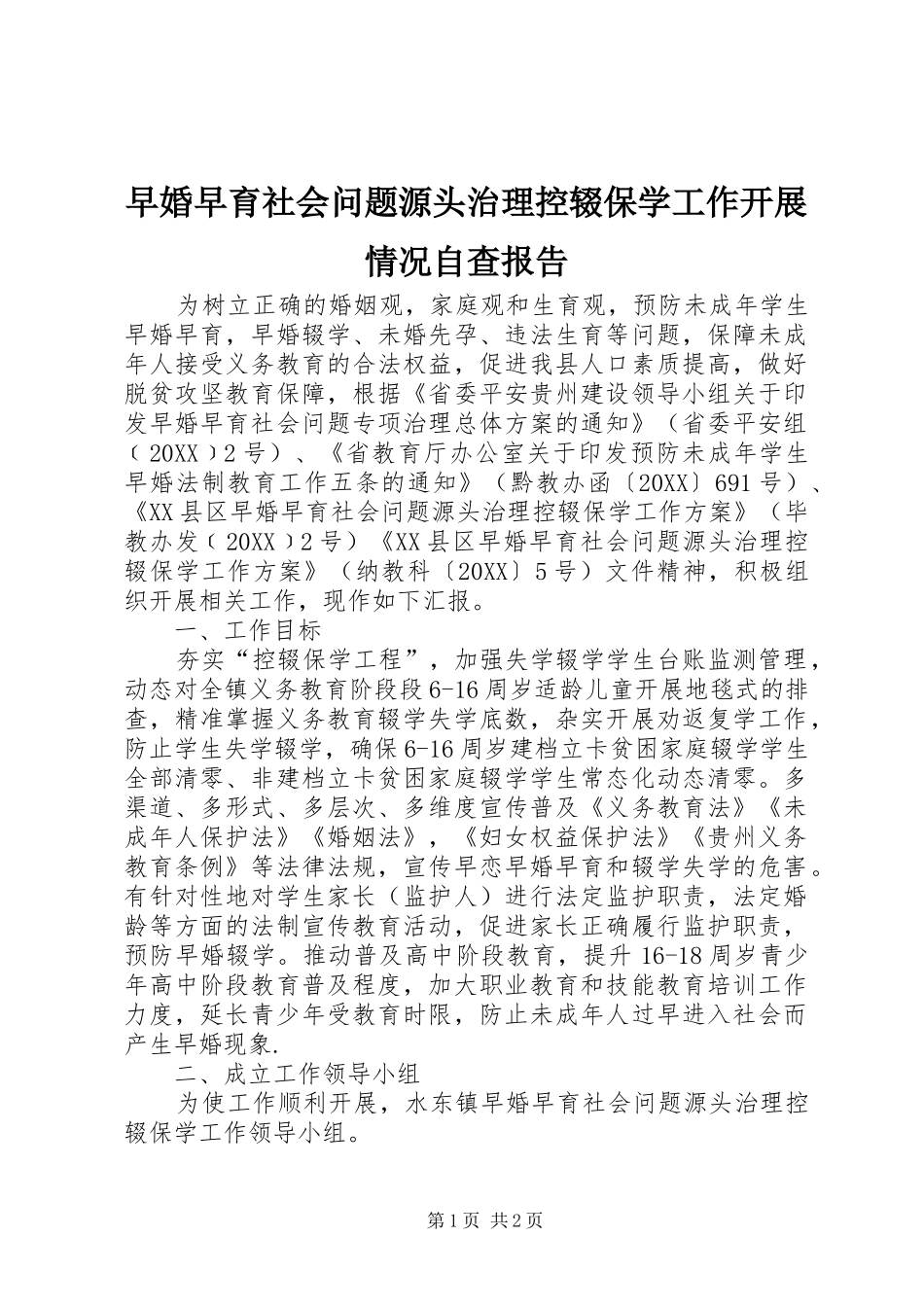 2024年早婚早育社会问题源头治理控辍保学工作开展情况自查报告_第1页