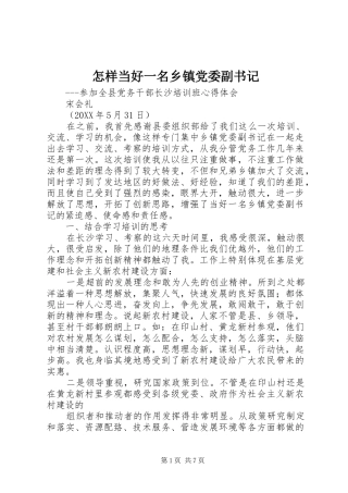2024年怎样当好一名乡镇党委副书记