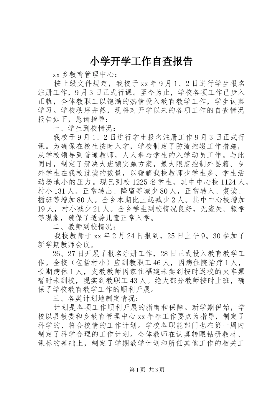 2024年小学开学工作自查报告_第1页