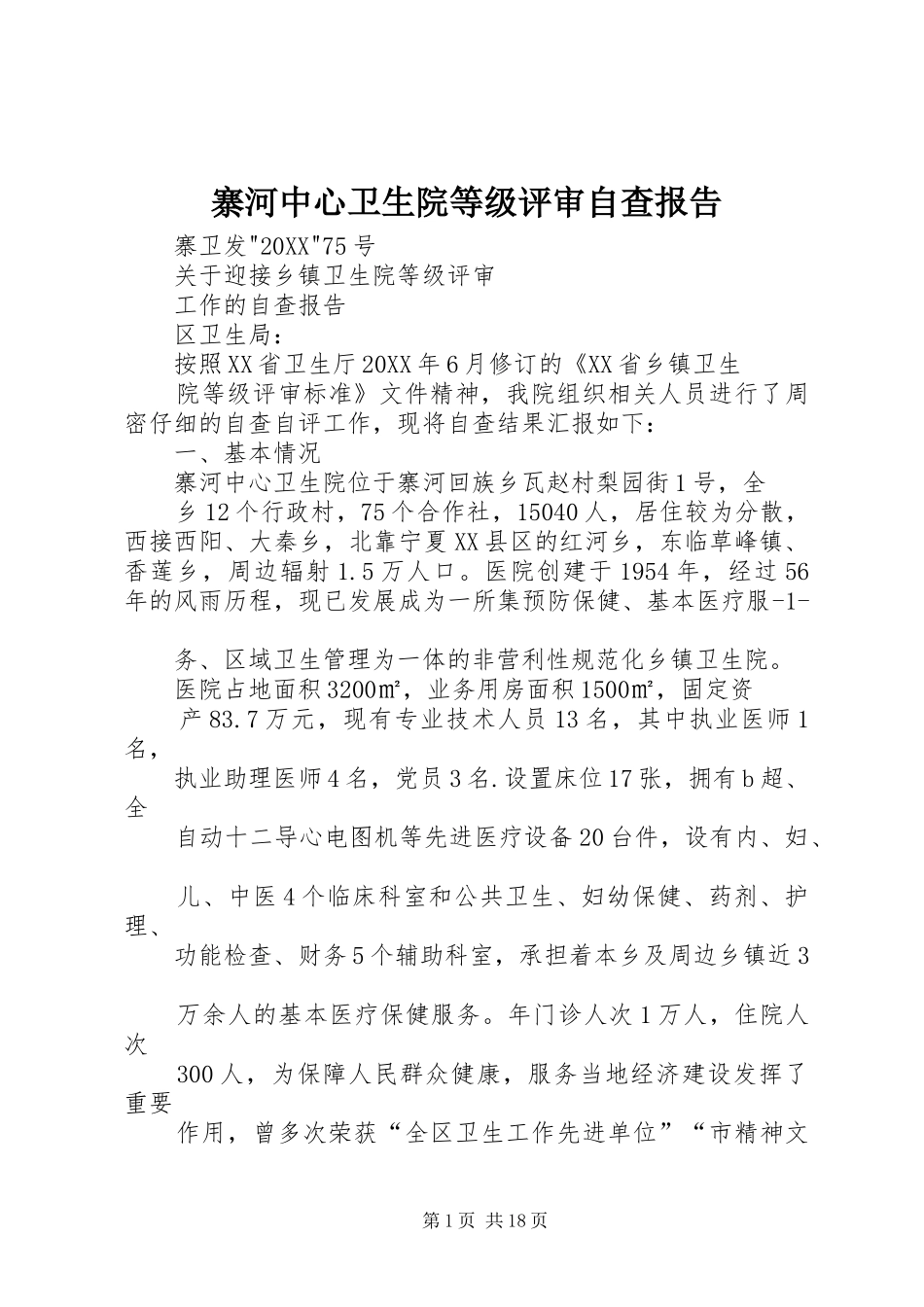 2024年寨河中心卫生院等级评审自查报告_第1页