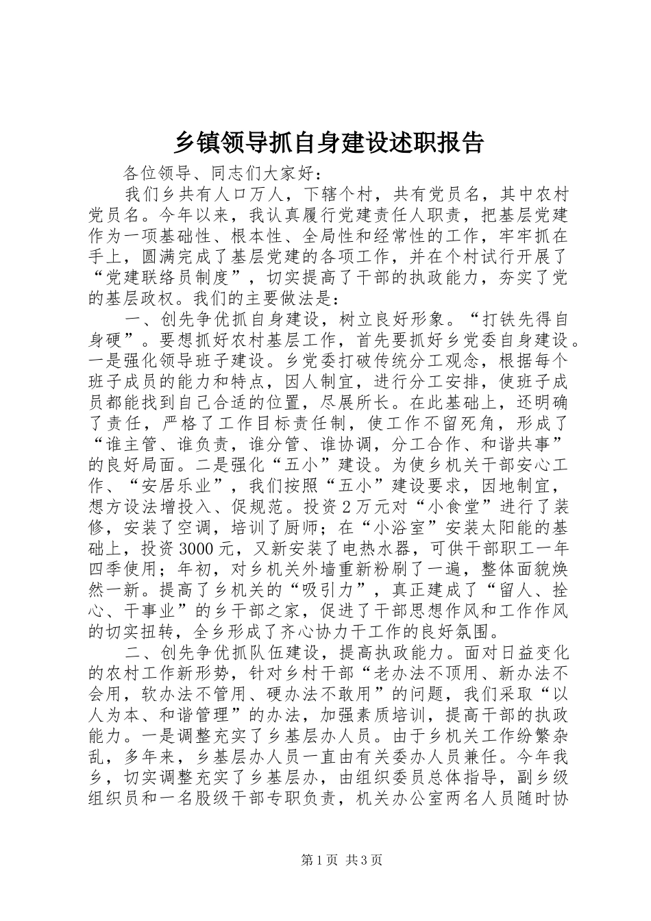 2024年乡镇领导抓自身建设述职报告_第1页