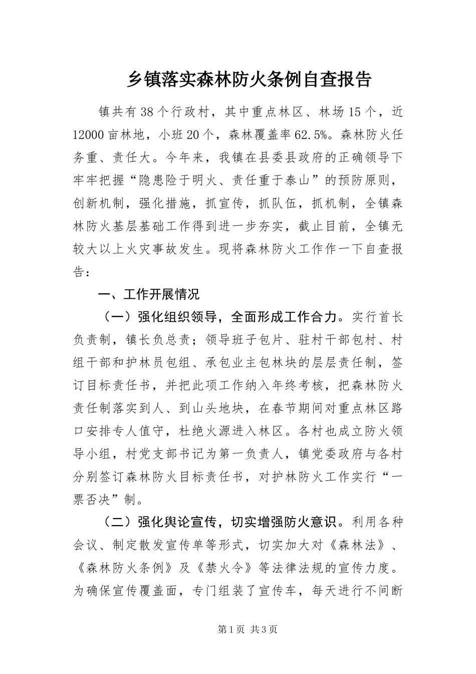 2024年乡镇落实森林防火条例自查报告_第1页