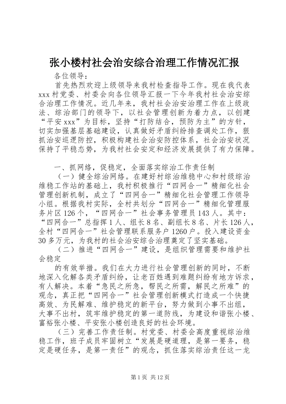 2024年张小楼村社会治安综合治理工作情况汇报_第1页