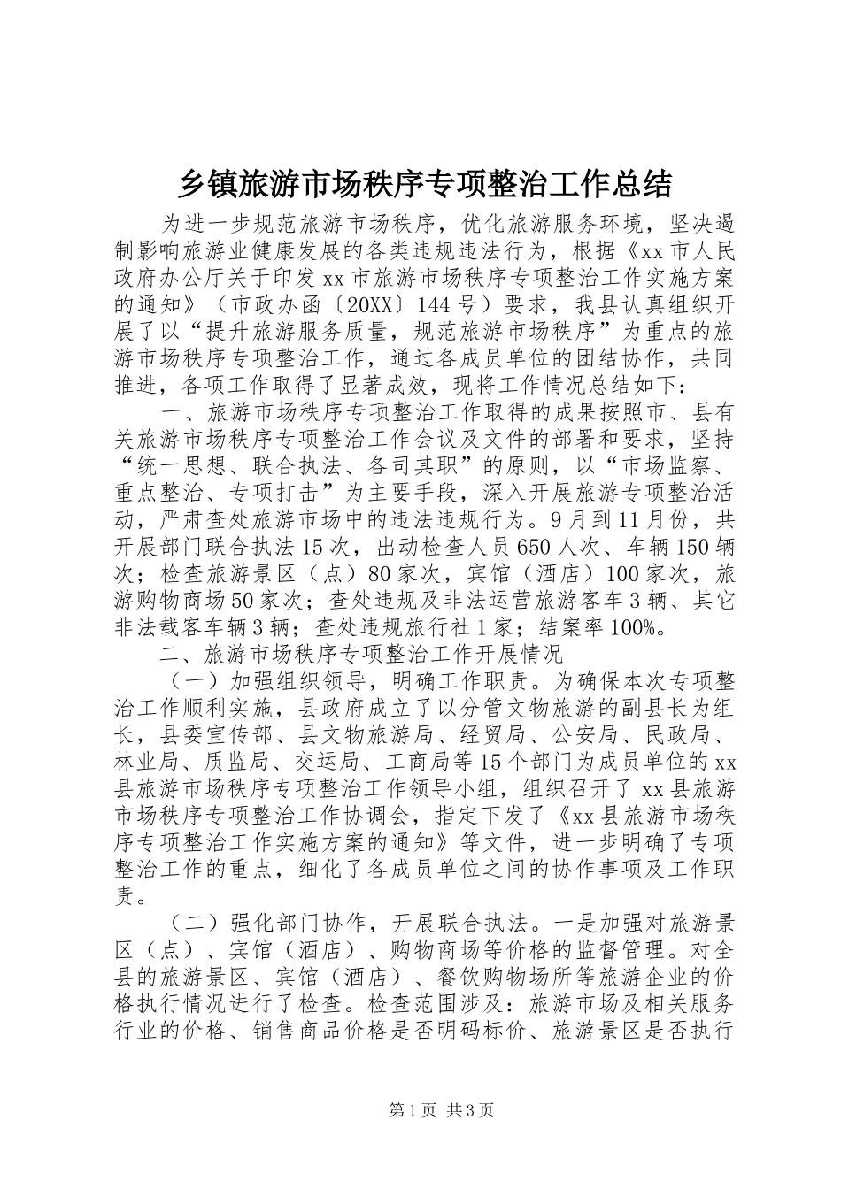 2024年乡镇旅游市场秩序专项整治工作总结_第1页