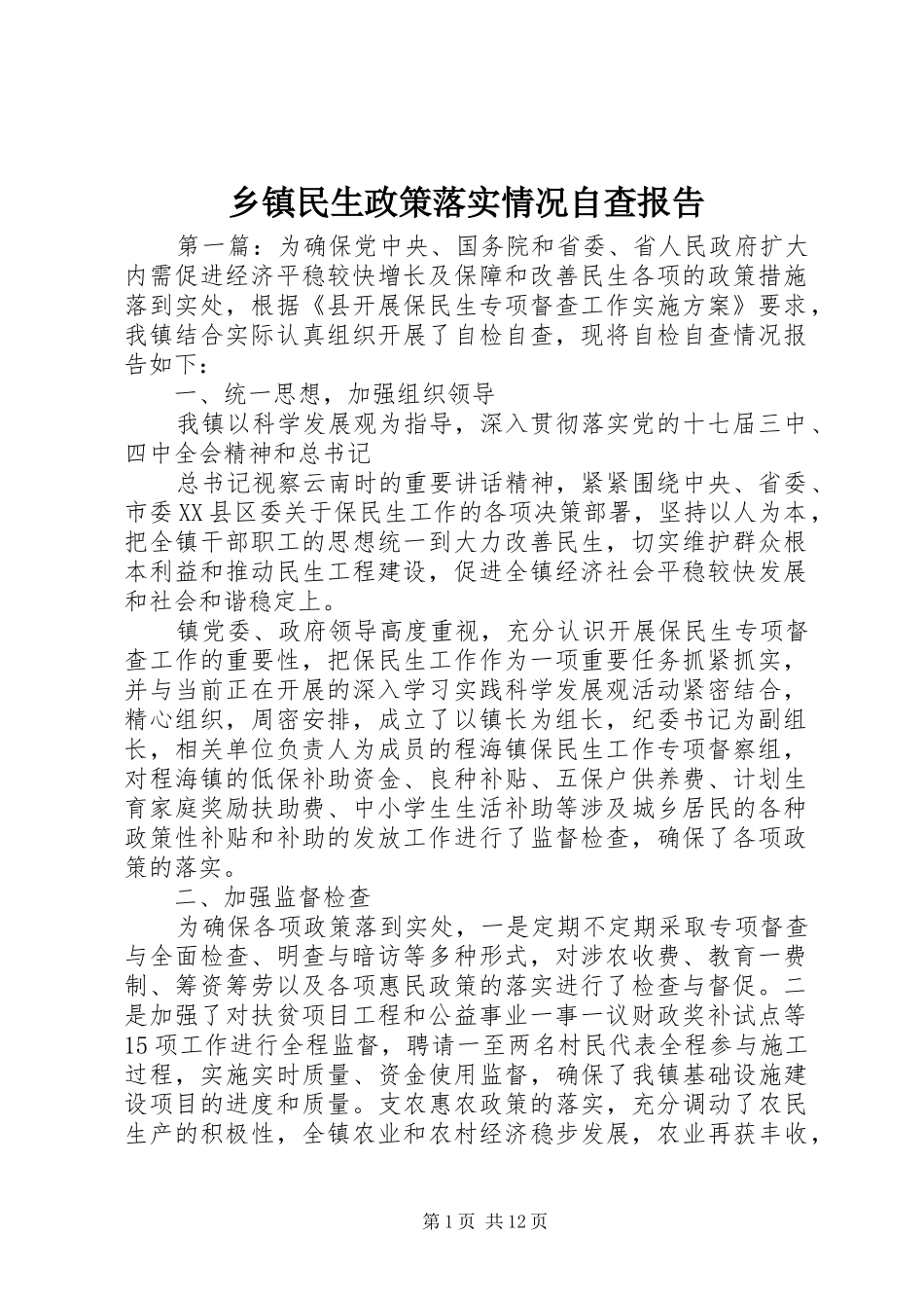 2024年乡镇民生政策落实情况自查报告_第1页