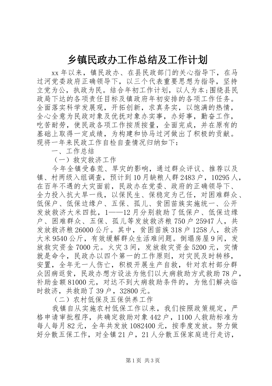 2024年乡镇民政办工作总结及工作计划_第1页