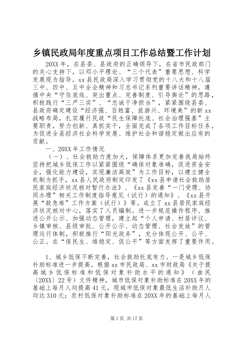 2024年乡镇民政局年度重点项目工作总结暨工作计划_第1页