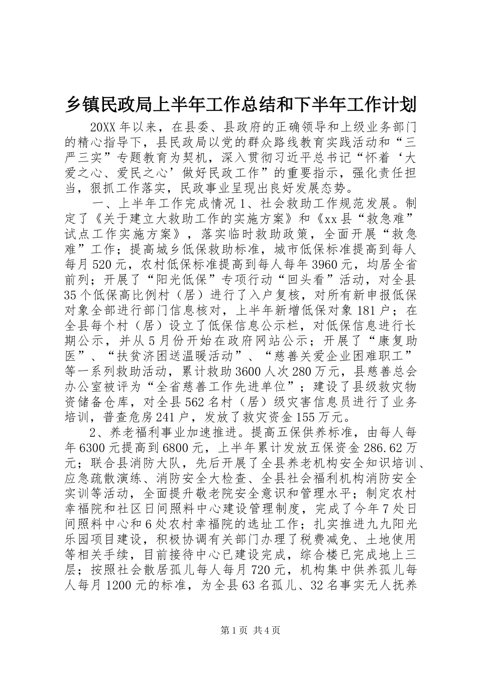 2024年乡镇民政局上半年工作总结和下半年工作计划_第1页