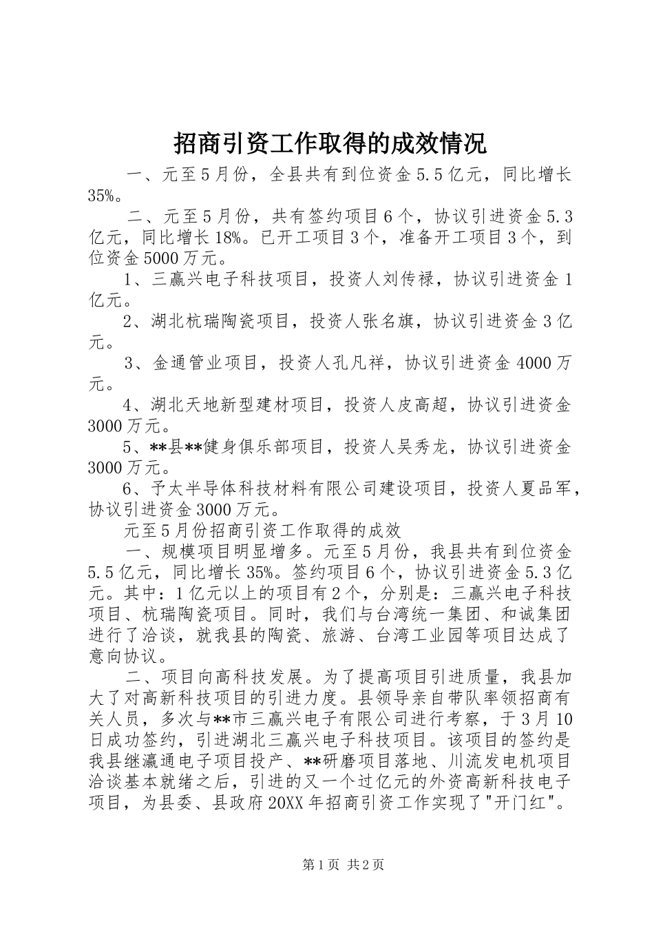2024年招商引资工作取得的成效情况_第1页
