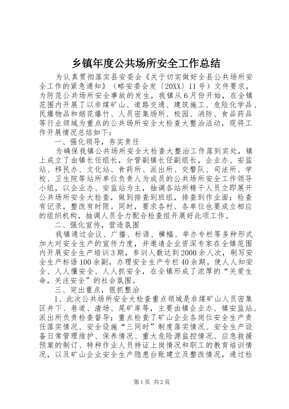 2024年乡镇年度公共场所安全工作总结_第1页