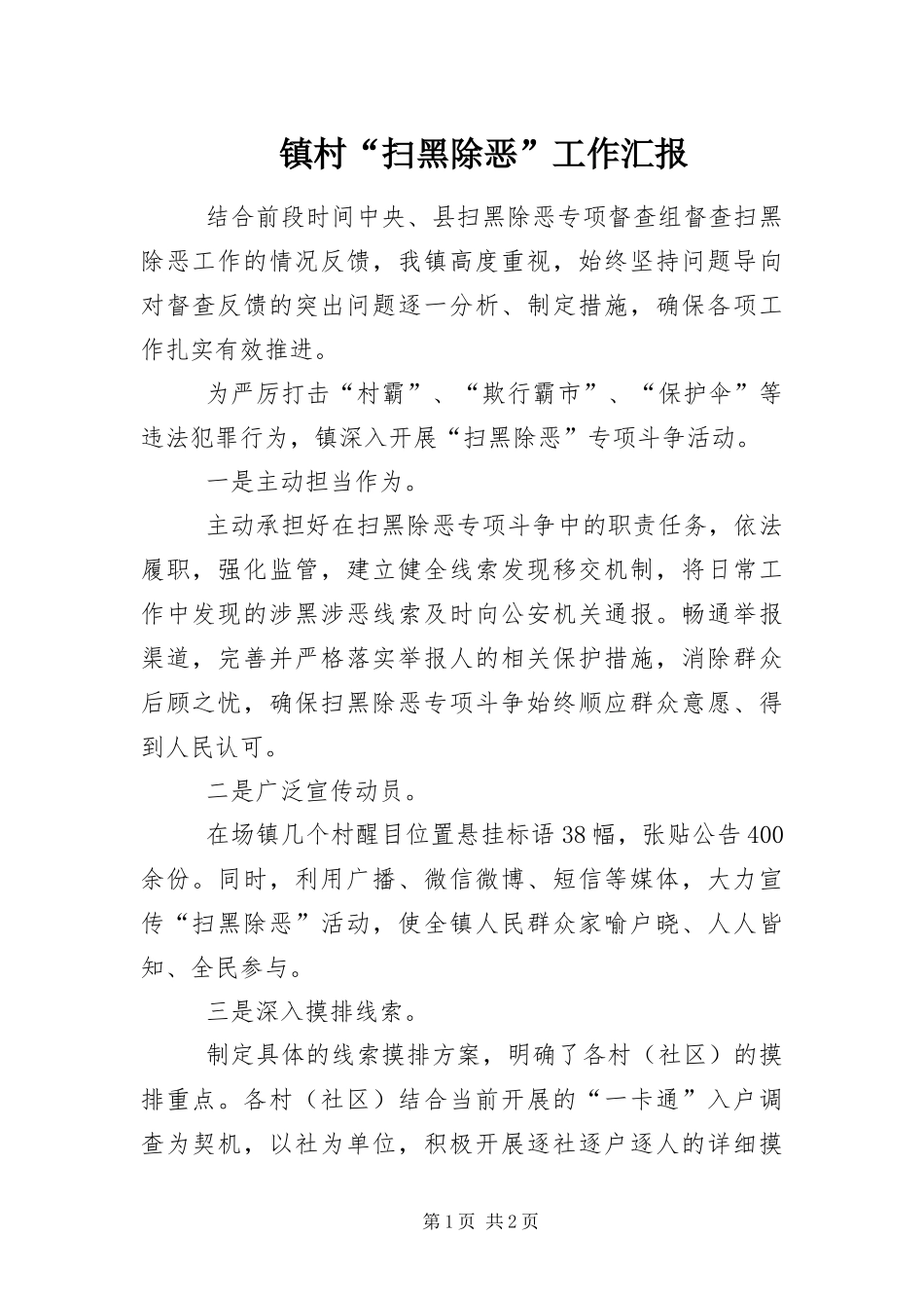 2024年镇村扫黑除恶工作汇报_第1页