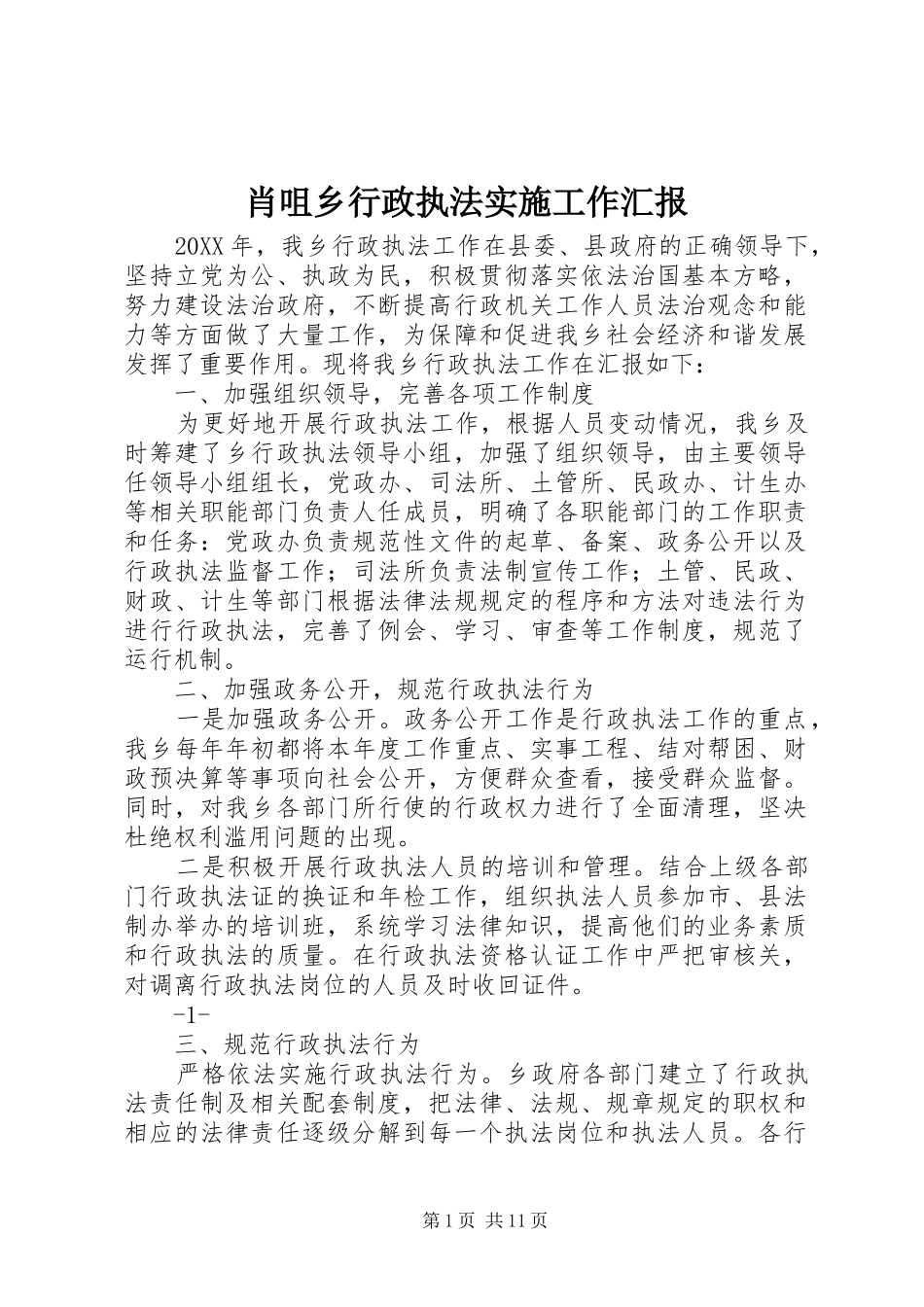 2024年肖咀乡行政执法实施工作汇报_第1页