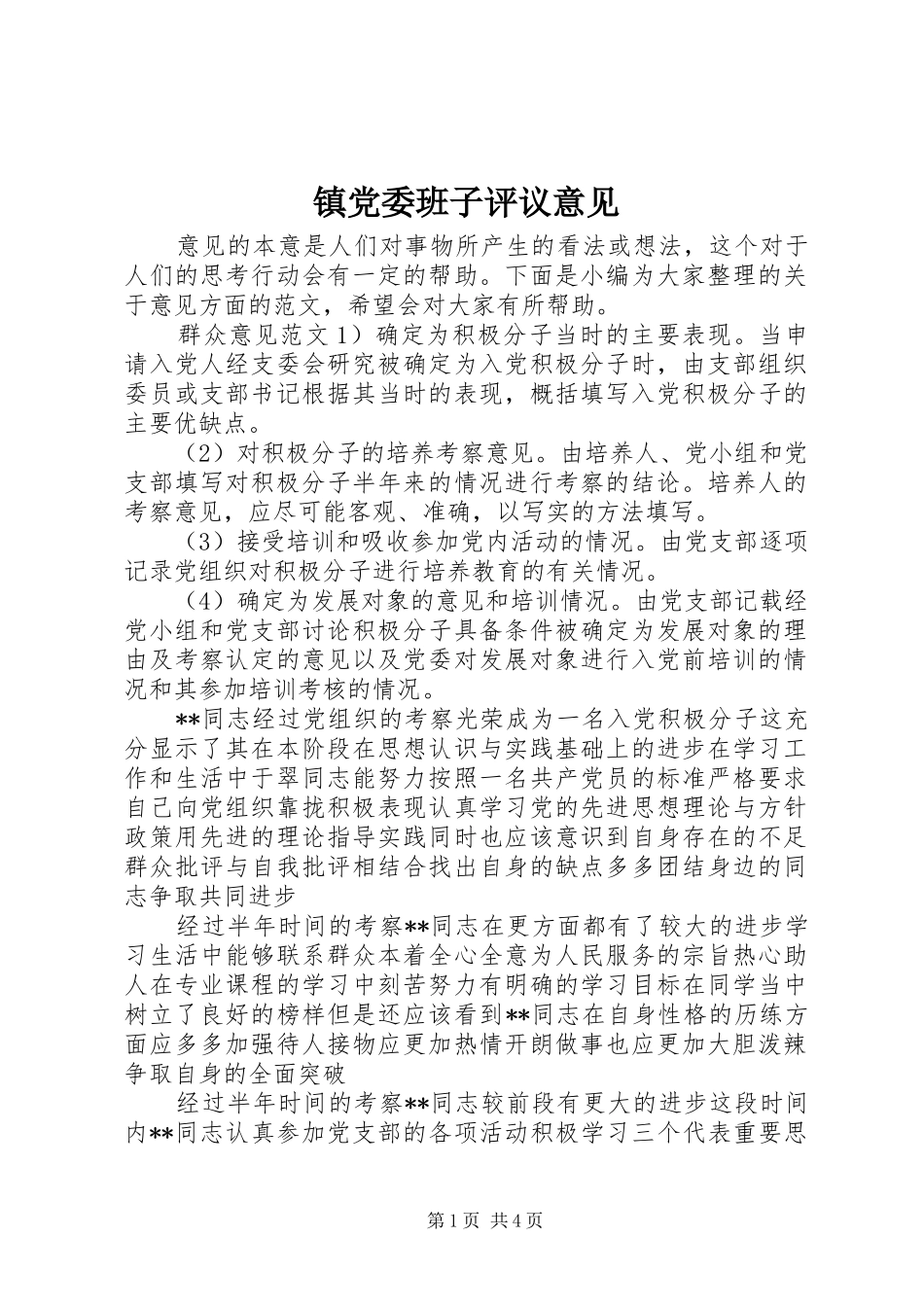 2024年镇党委班子评议意见_第1页