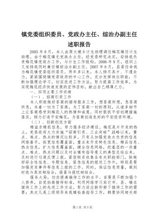 2024年镇党委组织委员党政办主任综治办副主任述职报告