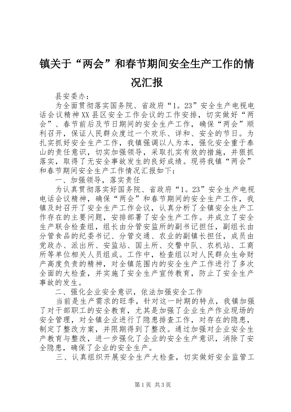 2024年镇关于两会和春节期间安全生产工作的情况汇报_第1页