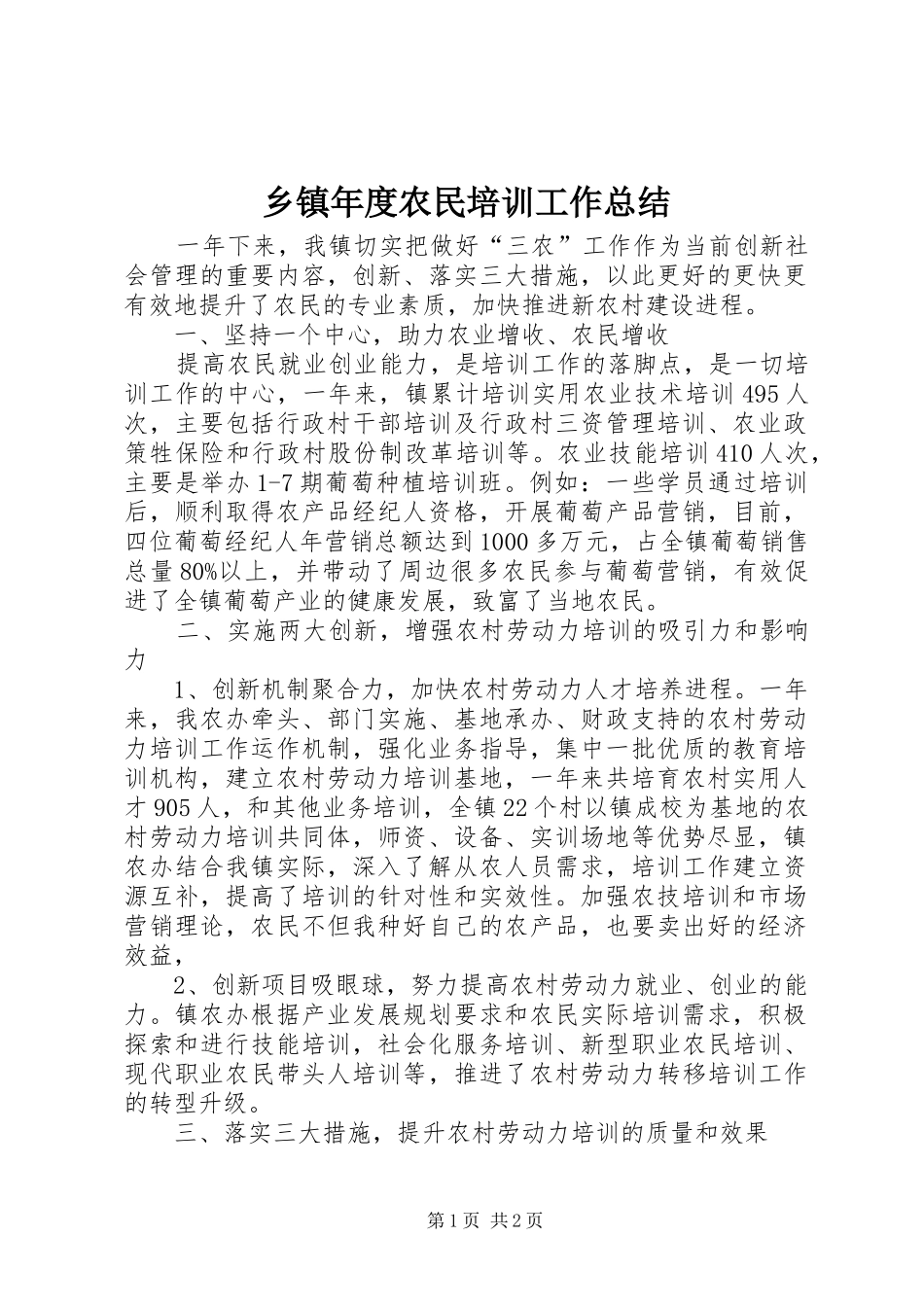 2024年乡镇年度农民培训工作总结_第1页