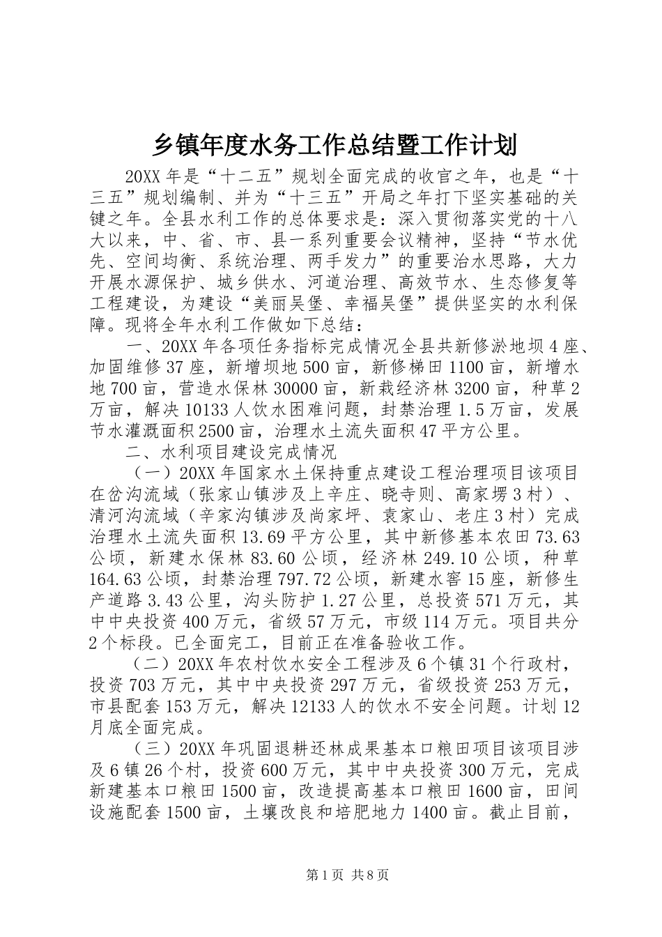 2024年乡镇年度水务工作总结暨工作计划_第1页