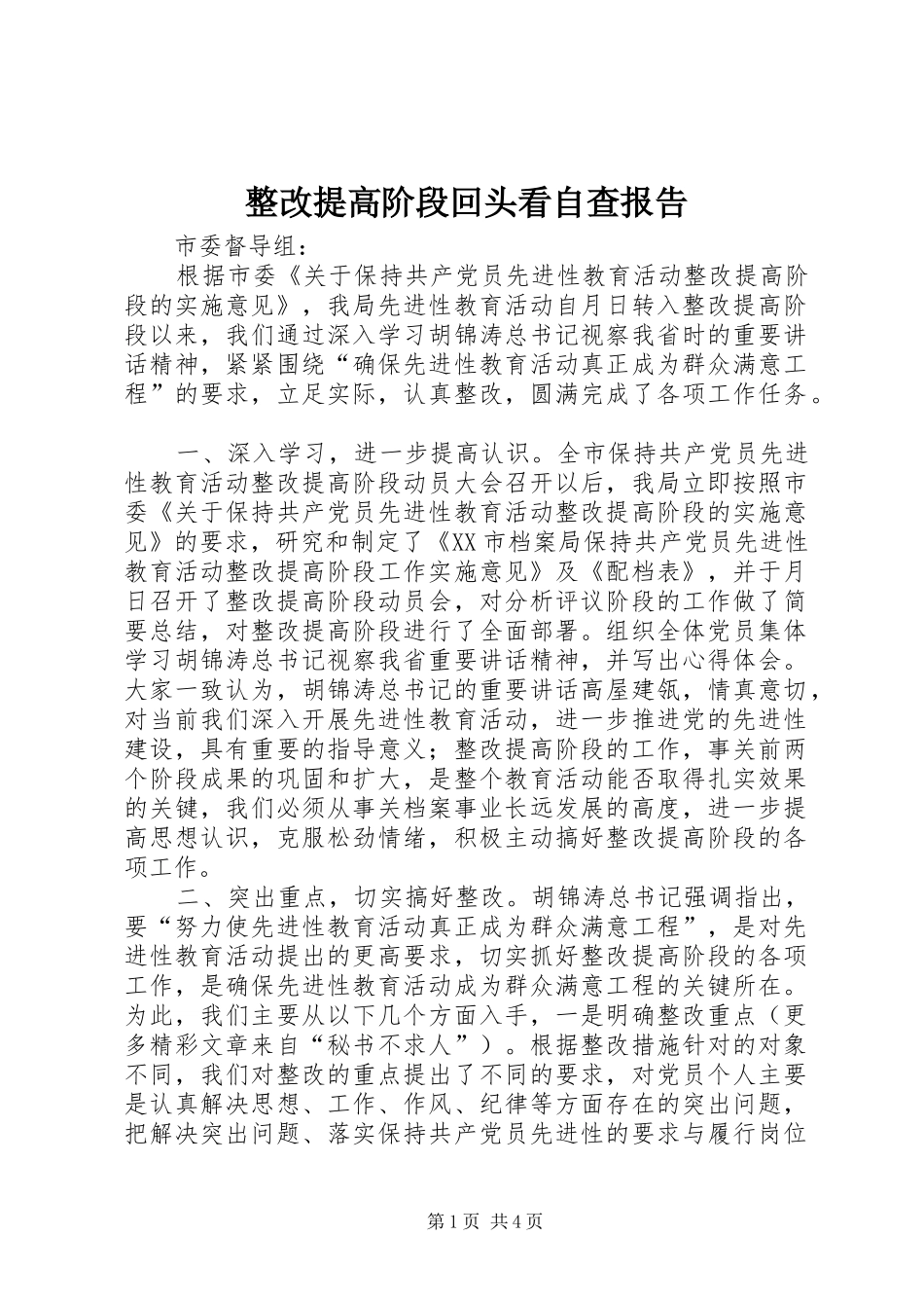 2024年整改提高阶段回头看自查报告_第1页