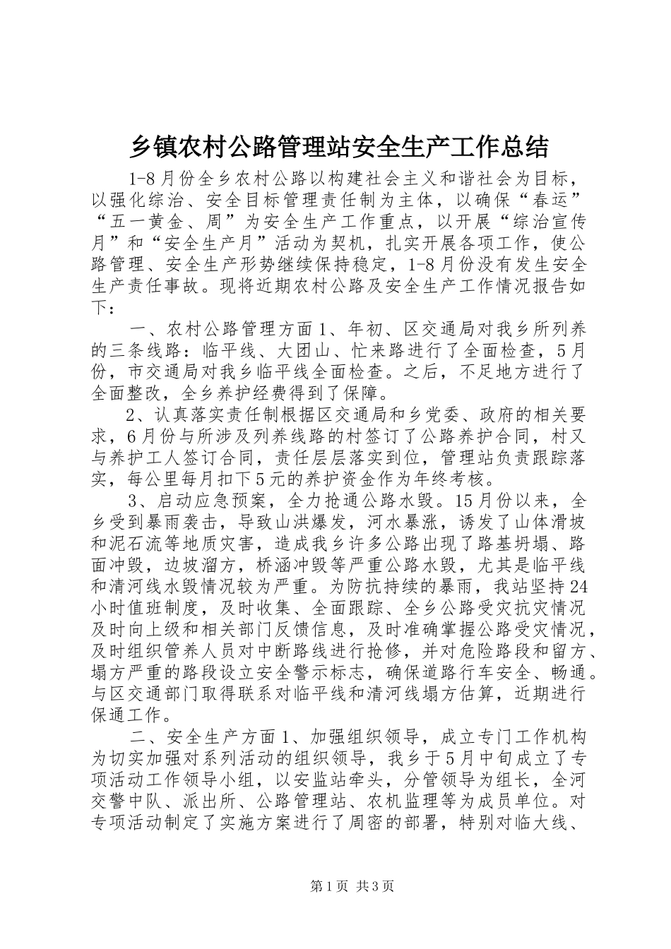 2024年乡镇农村公路管理站安全生产工作总结_第1页