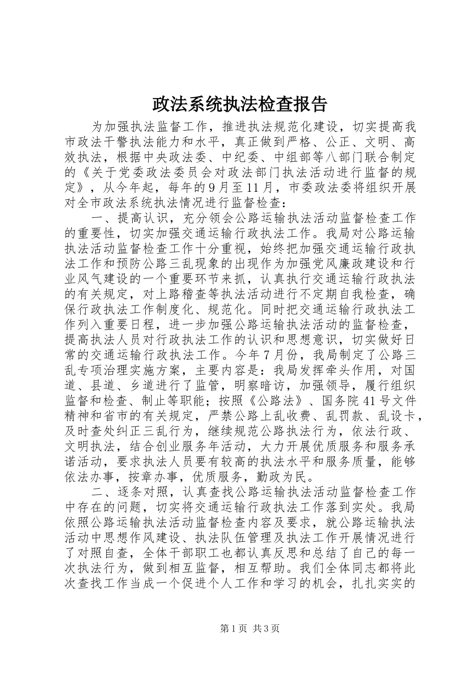 2024年政法系统执法检查报告_第1页