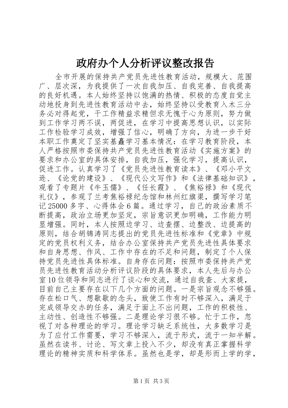 2024年政府办个人分析评议整改报告_第1页
