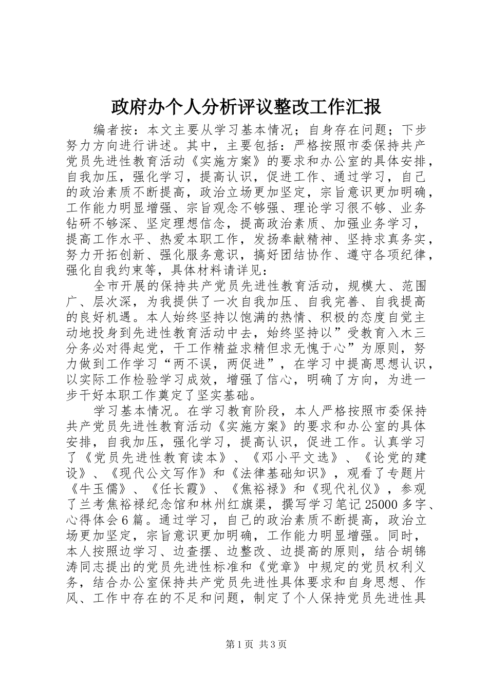 2024年政府办个人分析评议整改工作汇报_第1页
