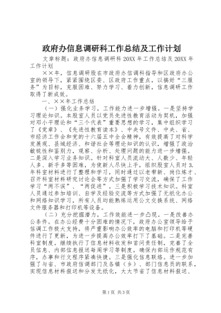 2024年政府办信息调研科工作总结及工作计划