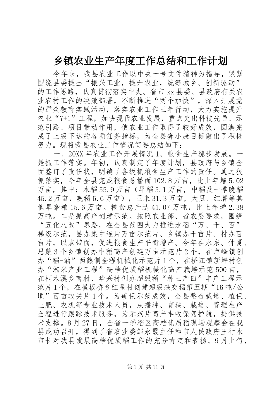 2024年乡镇农业生产年度工作总结和工作计划_第1页