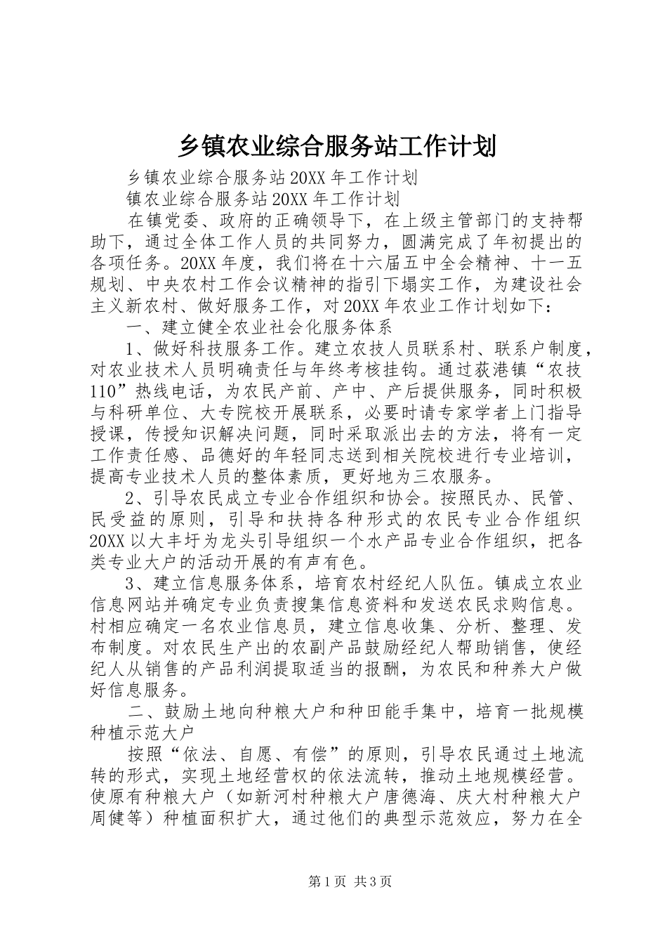 2024年乡镇农业综合服务站工作计划_第1页