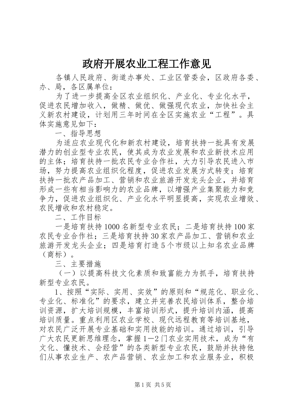 2024年政府开展农业工程工作意见_第1页