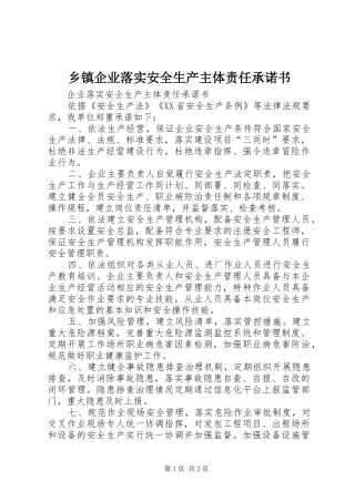 2024年乡镇企业落实安全生产主体责任承诺书