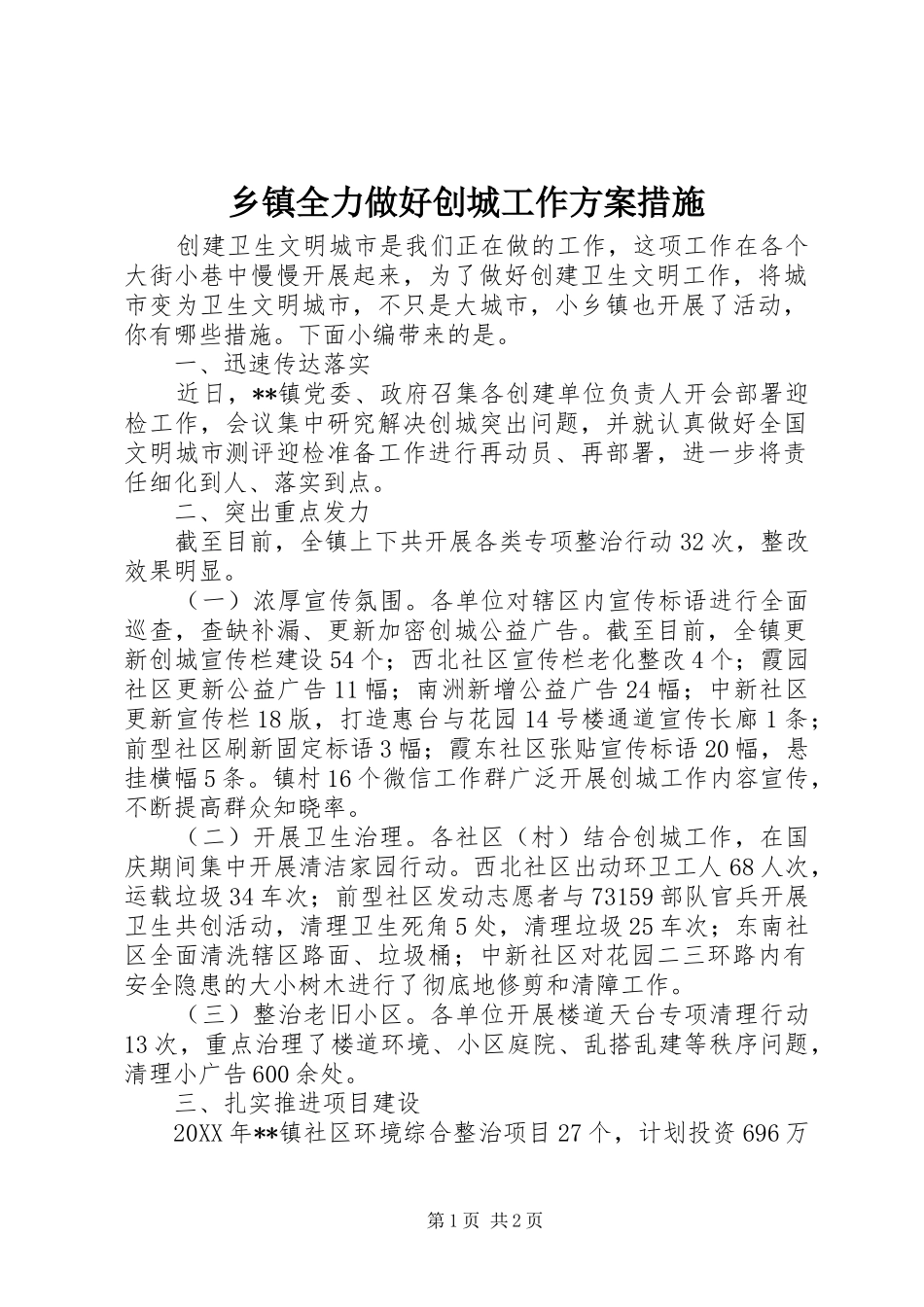 2024年乡镇全力做好创城工作方案措施_第1页