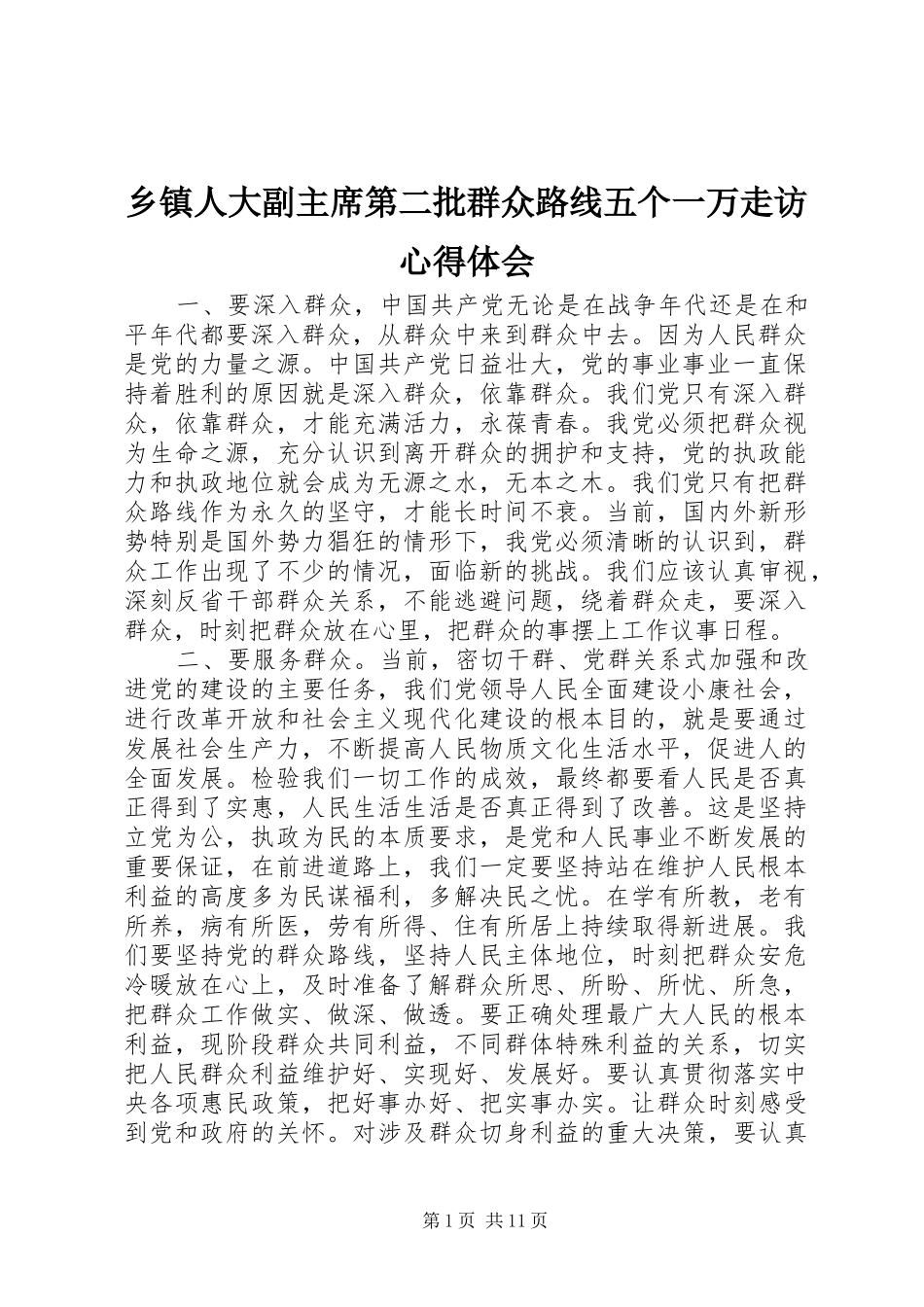 2024年乡镇人大副主席第二批群众路线五个一万走访心得体会_第1页