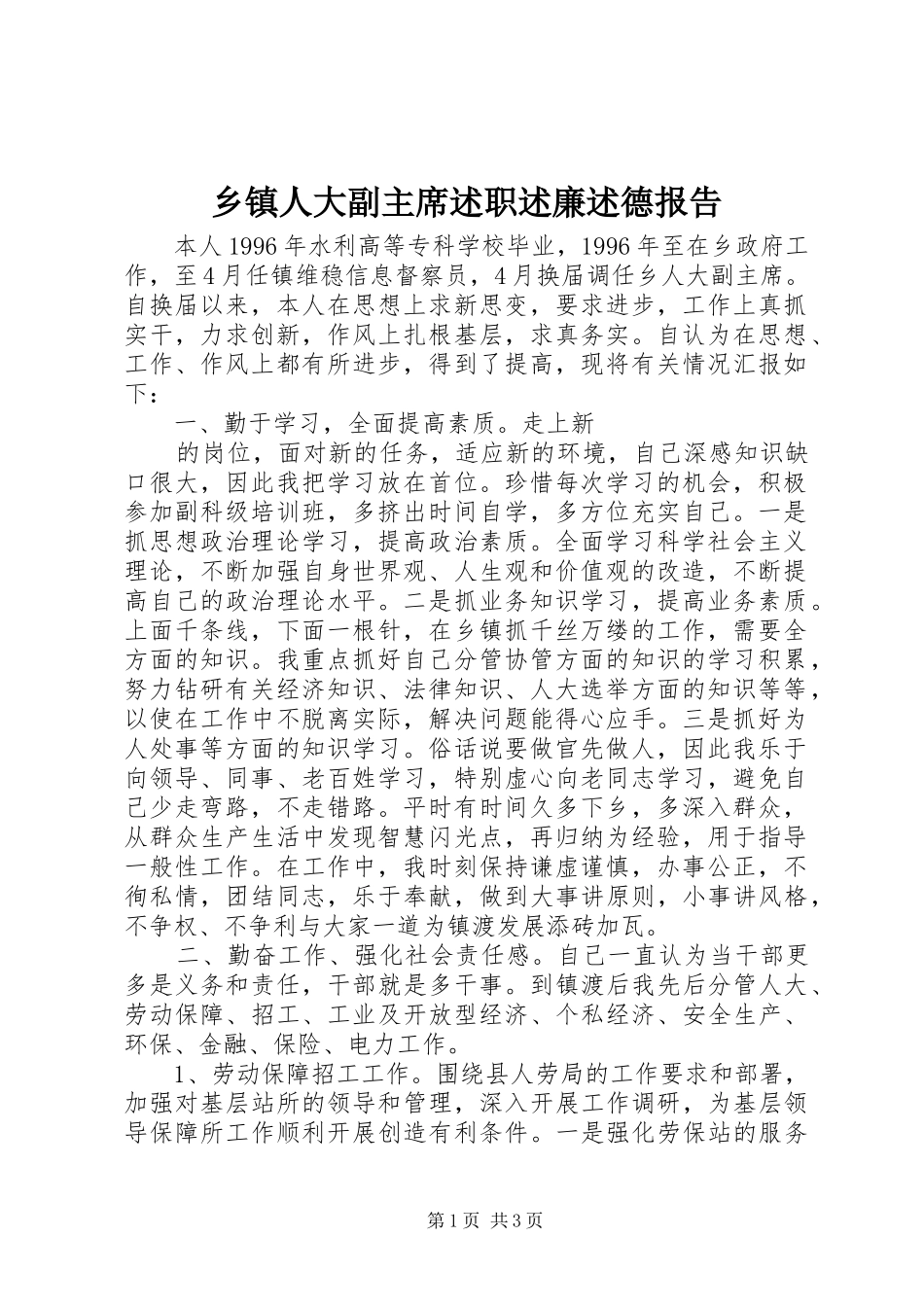 2024年乡镇人大副主席述职述廉述德报告_第1页