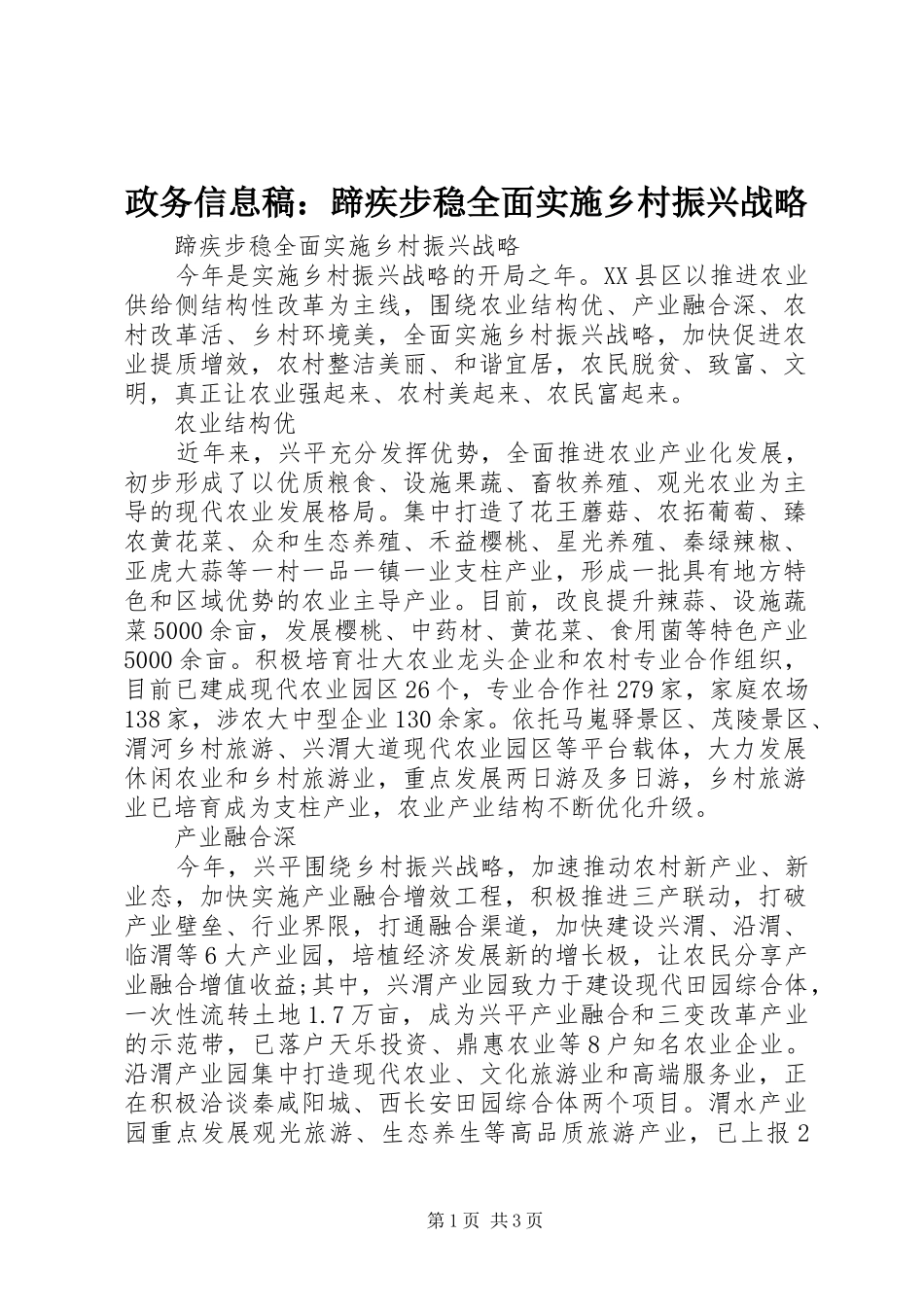 2024年政务信息稿蹄疾步稳全面实施乡村振兴战略_第1页