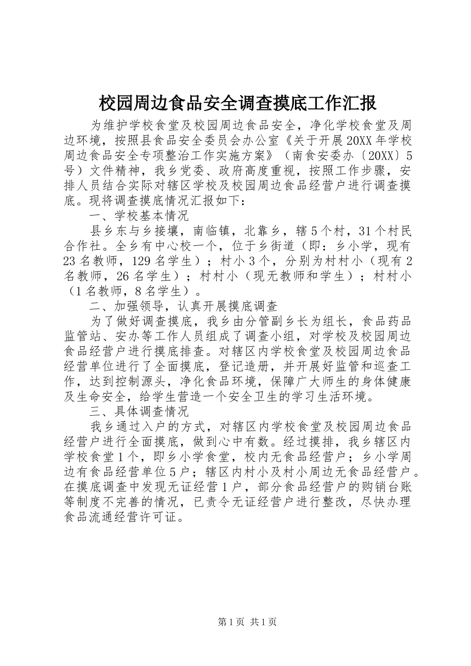 2024年校园周边食品安全调查摸底工作汇报_第1页