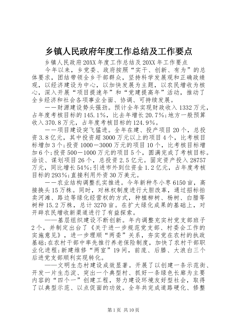 2024年乡镇人民政府年度工作总结及工作要点_第1页