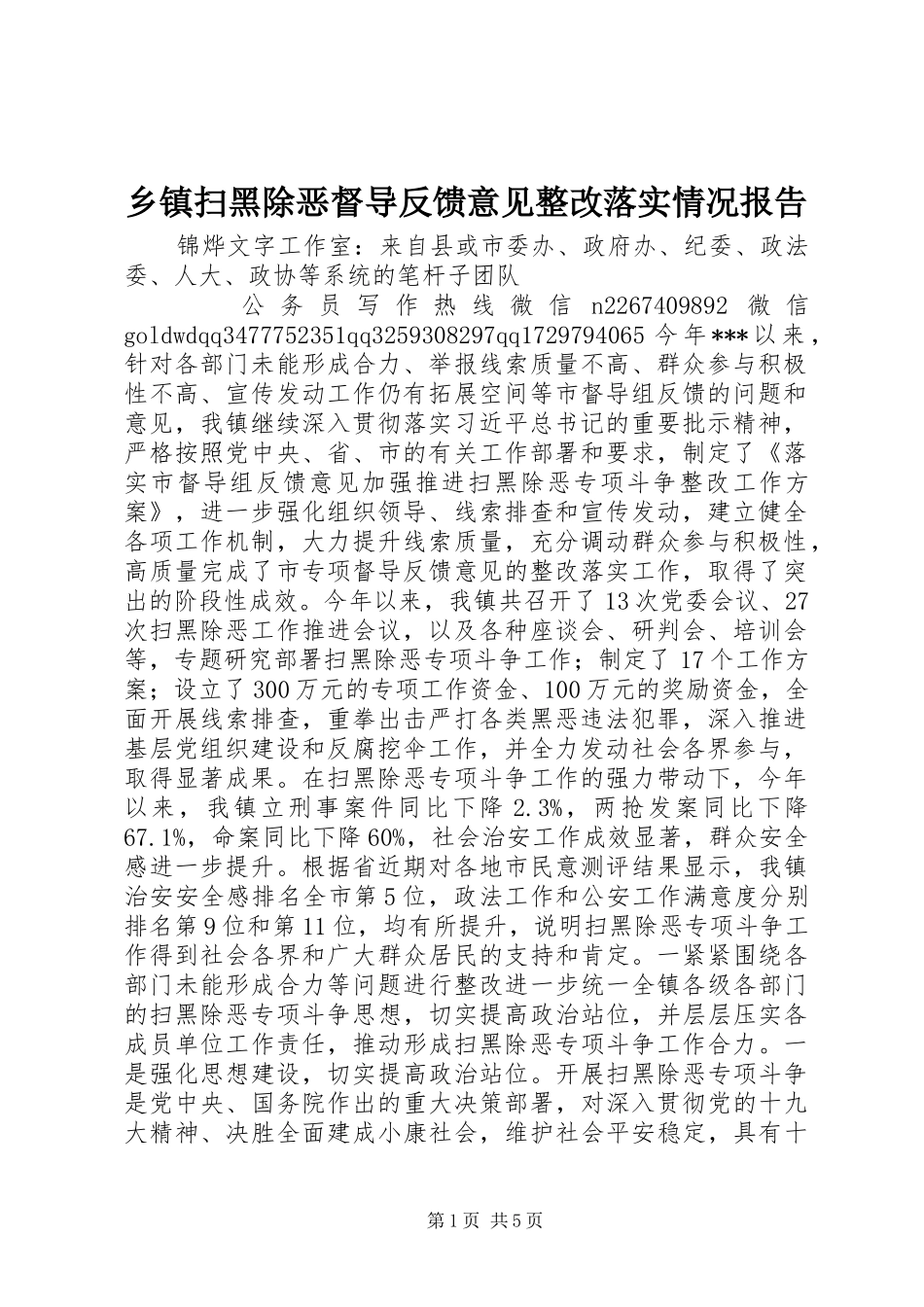 2024年乡镇扫黑除恶督导反馈意见整改落实情况报告_第1页