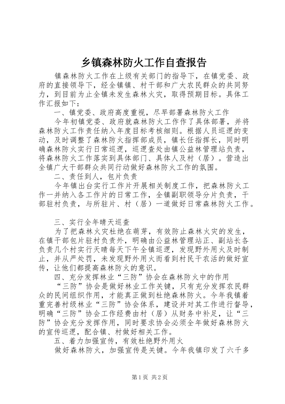 2024年乡镇森林防火工作自查报告_第1页