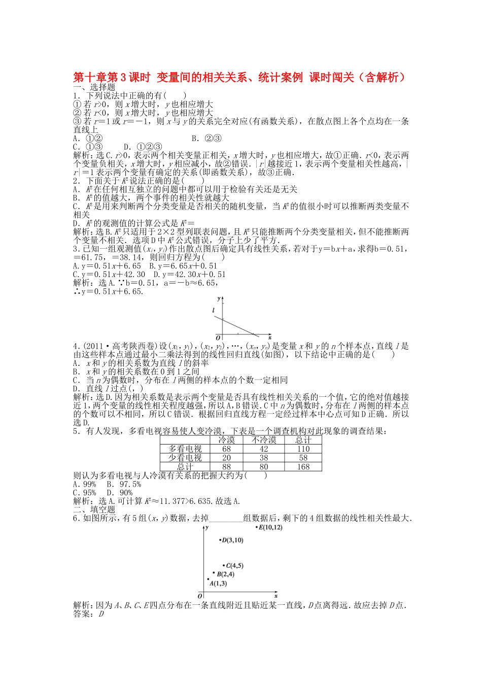 高考数学总复习 第十章第3课时 变量间的相关关系、统计案例课时闯关（含解析）_第1页