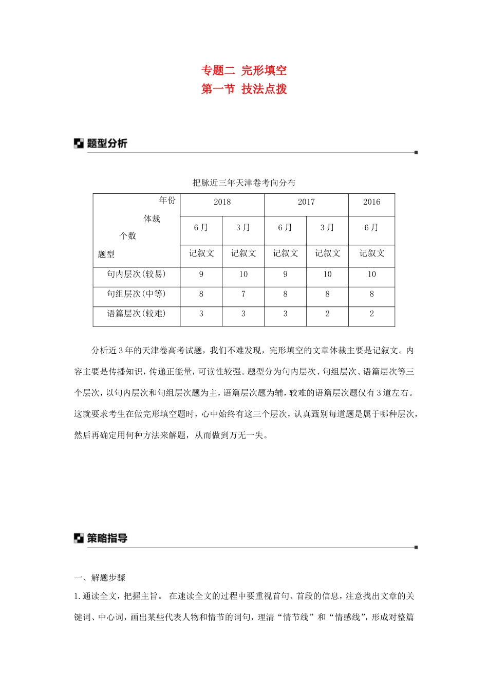 高考英语二轮增分策略 专题二 完形填空 第一节 技法点拨优选习题-人教版高三英语试题_第1页