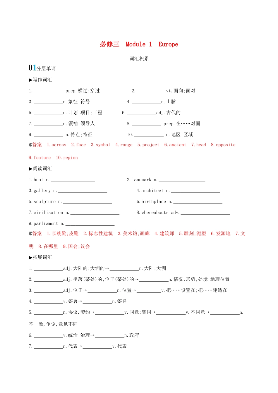 高考英语一轮复习 Module 1 Europe词汇积累 外研版必修3-外研版高三必修3英语试题_第1页
