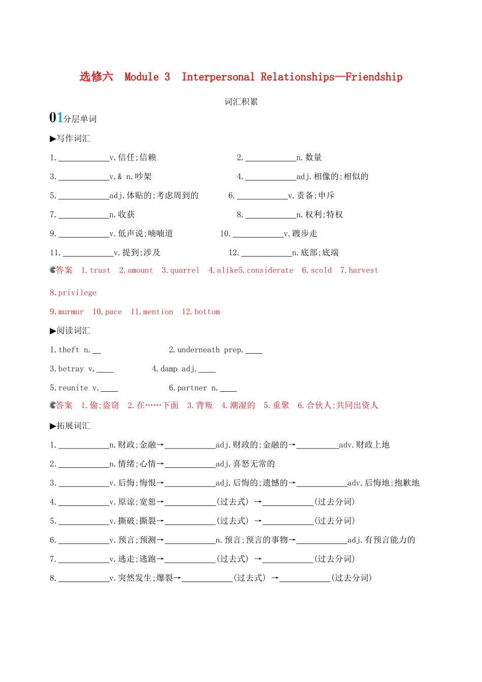 高考英语一轮复习 Module 3 Interpersonal Relationships—Friendship词汇积累 外研版选修6-外研版高三选修6英语试题_第1页