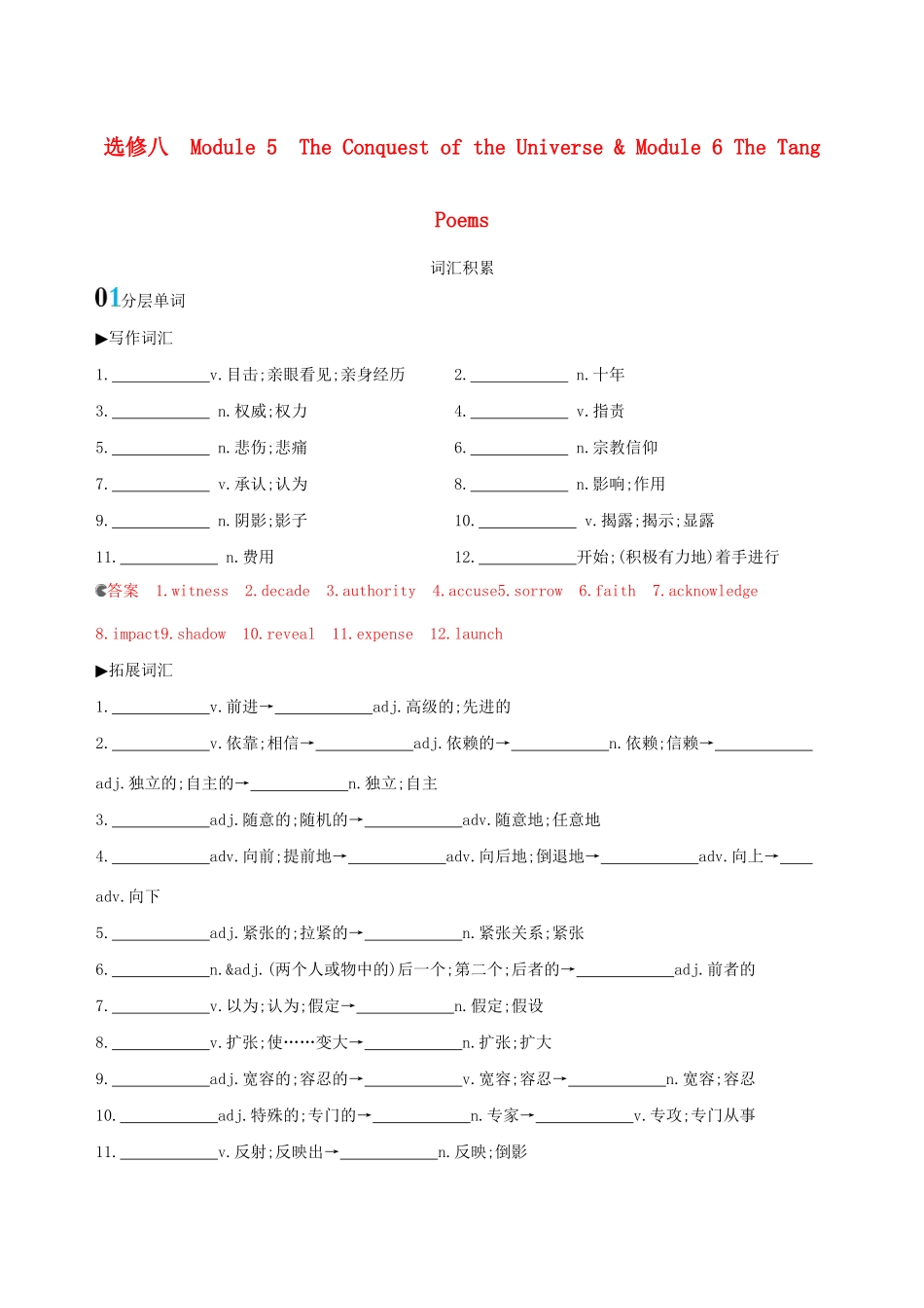 高考英语一轮复习 Module 5 The Conquest of the Universe Module 6 The Tang Poems词汇积累 外研版选修8-外研版高三选修8英语试题_第1页