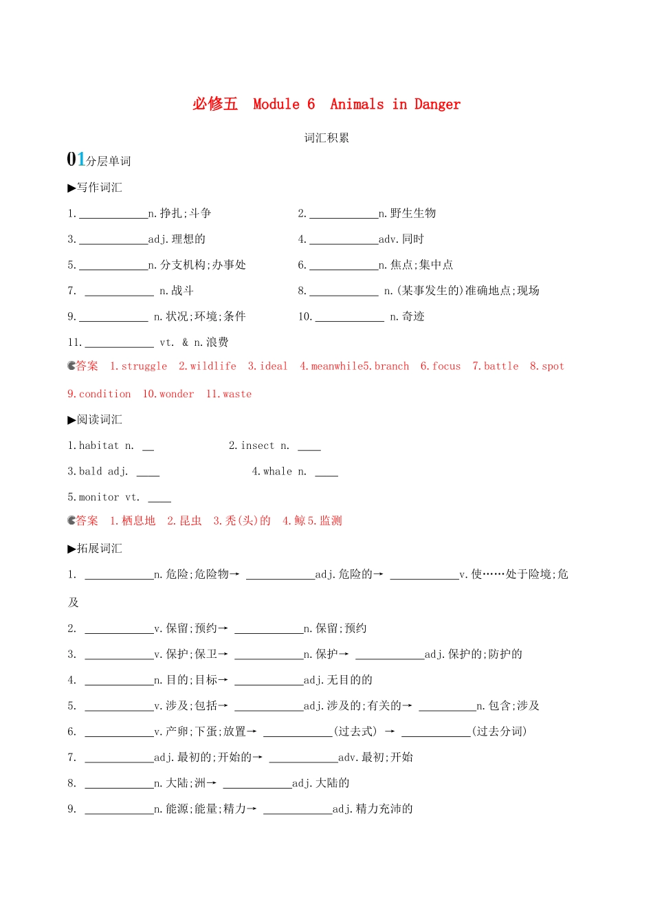 高考英语一轮复习 Module 6 Animals in Danger词汇积累 外研版必修5-外研版高三必修5英语试题_第1页
