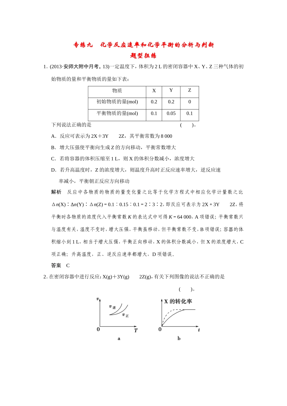 高考化学二轮复习简易通 下篇 专题二（一）专练九 化学反应速率和化学平衡的分析与判断（含解析）_第1页